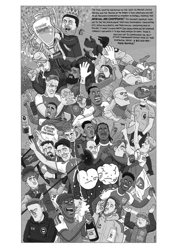 A black and white cartoon illustration showing a dense crowd scene of the characters involved in Arsenal's successful 2025-26 Premier League season.