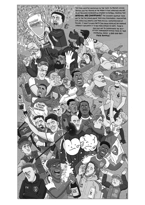 A black and white cartoon illustration showing a dense crowd scene of the characters involved in Arsenal's successful 2025-26 Premier League season.